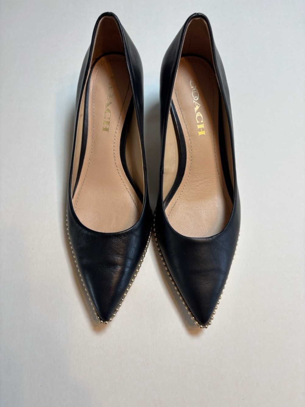 Coach Black Pointed Leather Heels with Gold Stud Trim Women Size 6.5